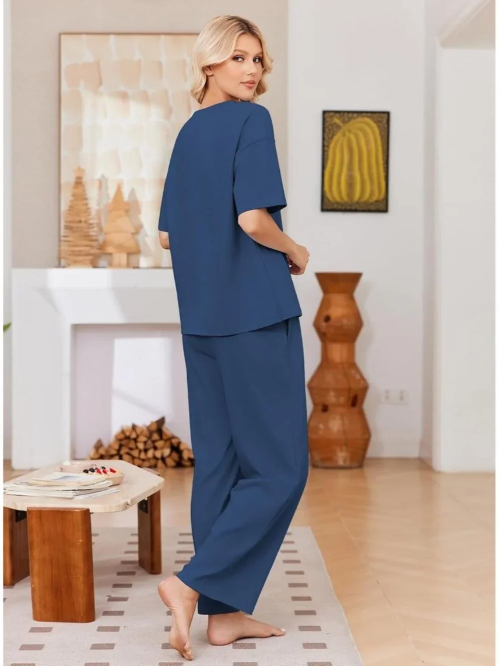 Women's Navy Cotton Short Sleeve Sleepwear Pant Pockets Pajama Set